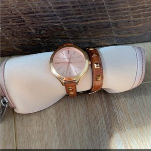 MICHAEL KORS Slim Runway Studded Leather Rose Gold Double Wrap Watch MK2299